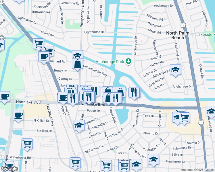 map of restaurants, bars, coffee shops, grocery stores, and more near 401 Northlake Court in North Palm Beach