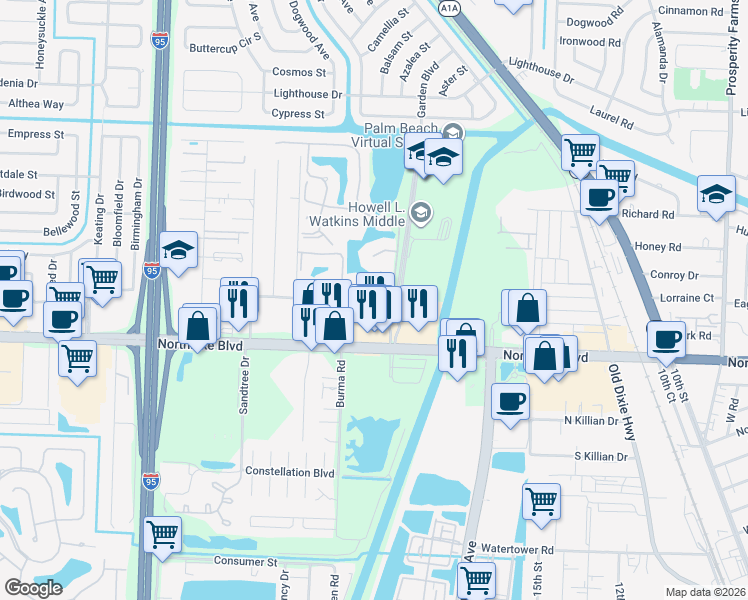 map of restaurants, bars, coffee shops, grocery stores, and more near 1403 Springdale Court in Palm Beach Gardens