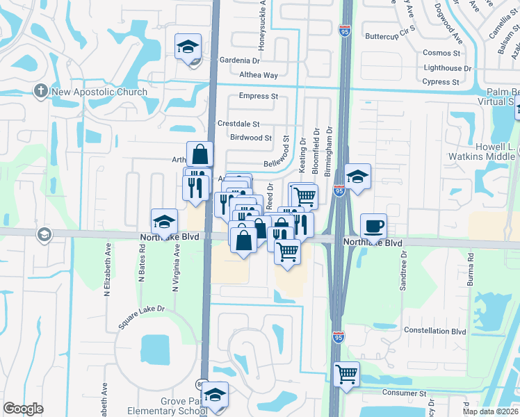 map of restaurants, bars, coffee shops, grocery stores, and more near 9106 Bamboo Drive in Palm Beach Gardens