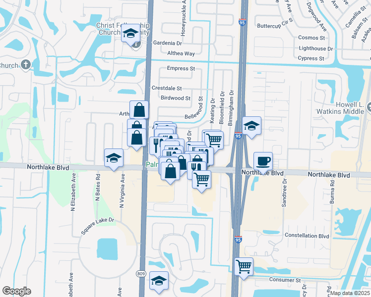map of restaurants, bars, coffee shops, grocery stores, and more near 9105 Reed Drive in Palm Beach Gardens