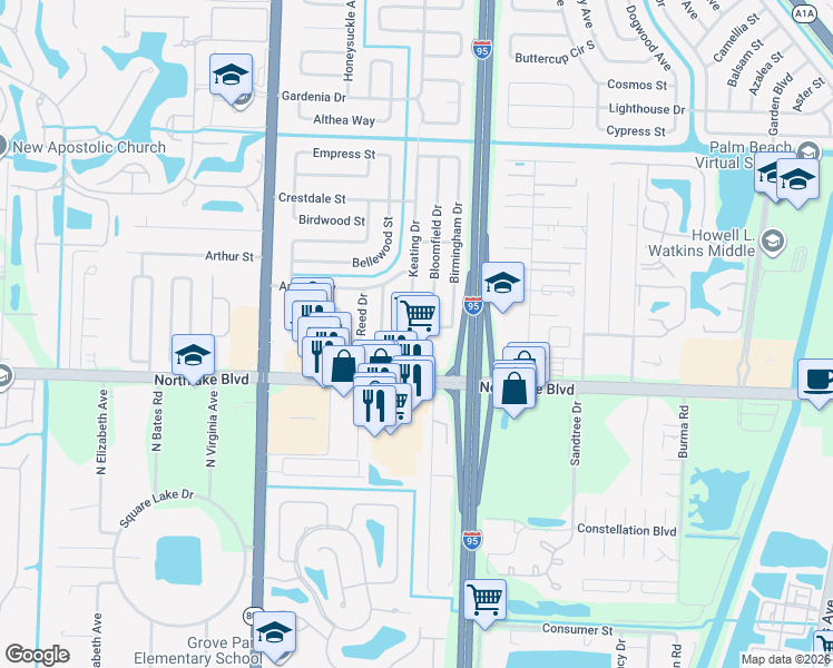 map of restaurants, bars, coffee shops, grocery stores, and more near 9155 Bloomfield Drive in Palm Beach Gardens