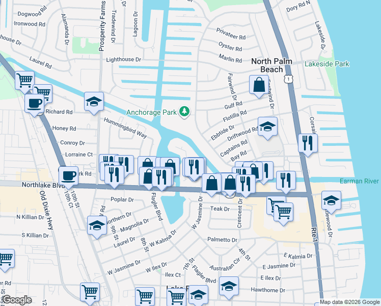 map of restaurants, bars, coffee shops, grocery stores, and more near 588 Anchorage Drive in North Palm Beach