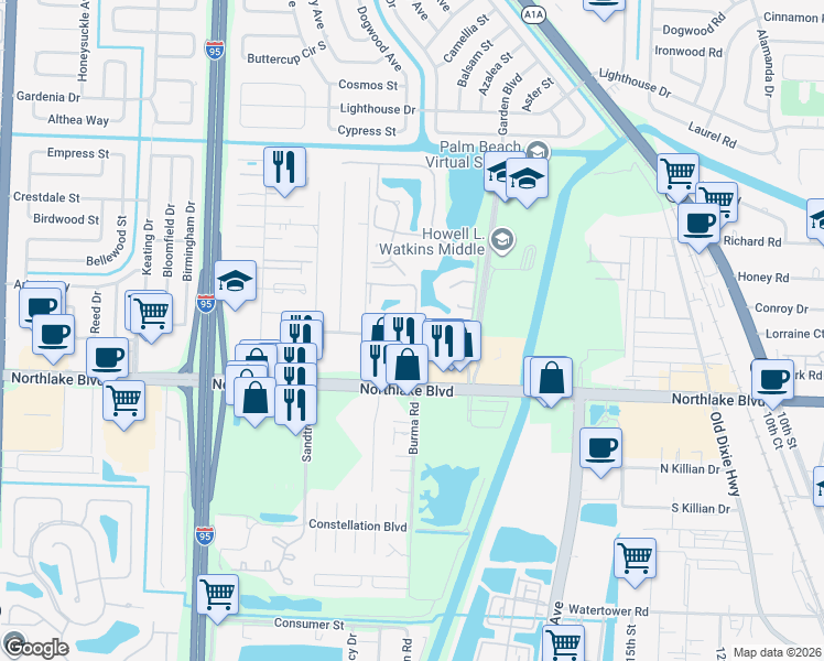 map of restaurants, bars, coffee shops, grocery stores, and more near 9140 Sun Terrace Circle in Palm Beach Gardens