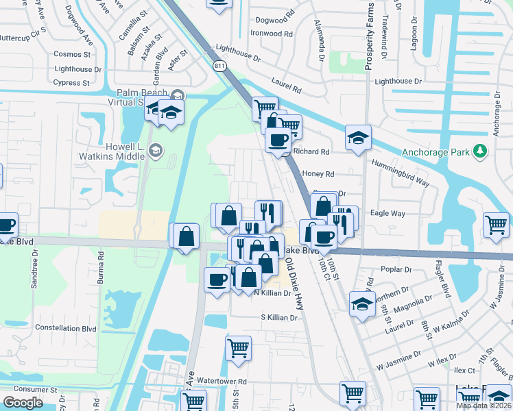 map of restaurants, bars, coffee shops, grocery stores, and more near 9175 Croton Lane in West Palm Beach