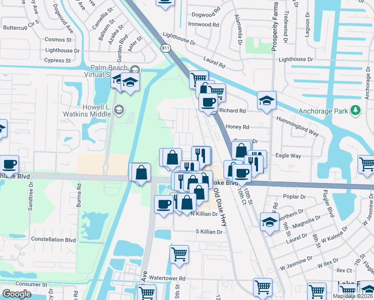 map of restaurants, bars, coffee shops, grocery stores, and more near 9175 Croton Lane in West Palm Beach
