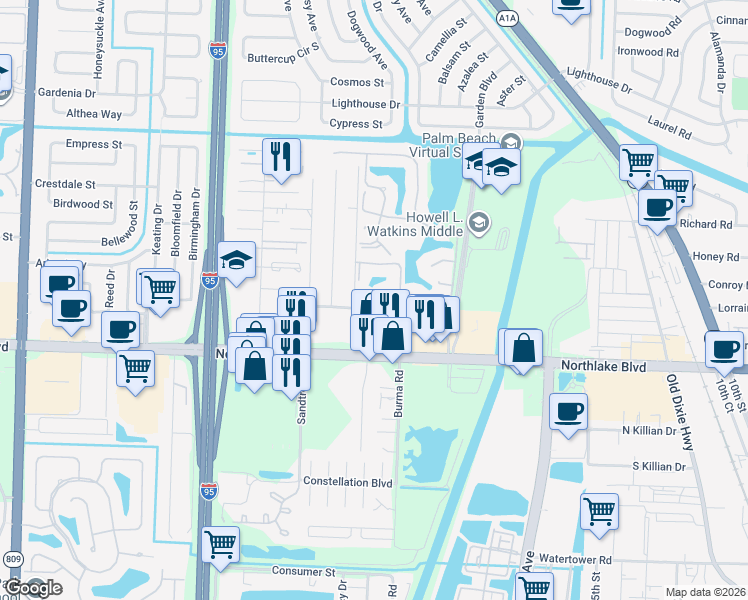 map of restaurants, bars, coffee shops, grocery stores, and more near 3558 Wildwood Forest Court in Palm Beach Gardens