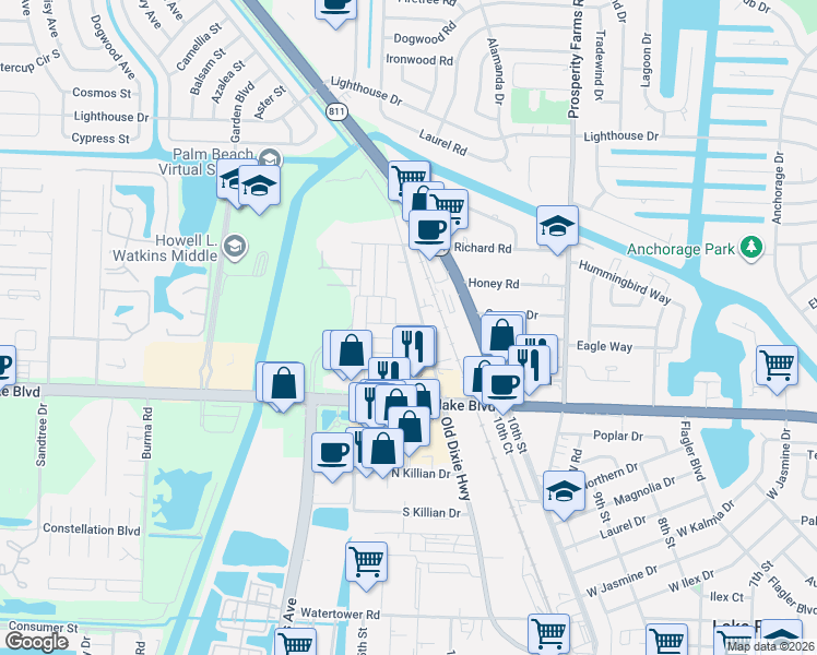 map of restaurants, bars, coffee shops, grocery stores, and more near 9175 Croton Lane in West Palm Beach