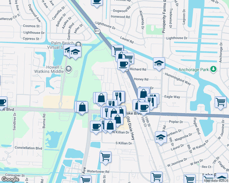 map of restaurants, bars, coffee shops, grocery stores, and more near 9175 Croton Lane in West Palm Beach