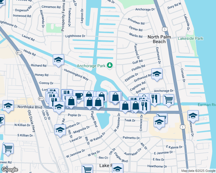 map of restaurants, bars, coffee shops, grocery stores, and more near 625 Southwind Circle in North Palm Beach