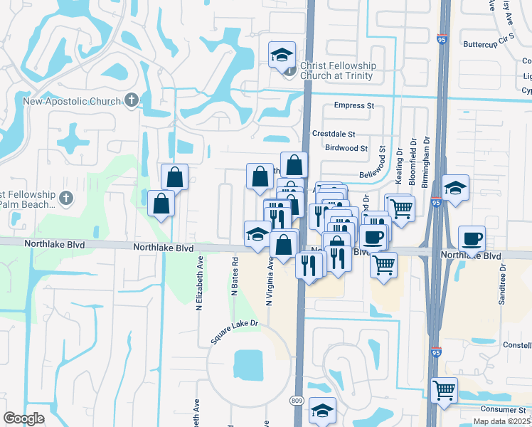 map of restaurants, bars, coffee shops, grocery stores, and more near 9121 Villa Palma Lane in West Palm Beach