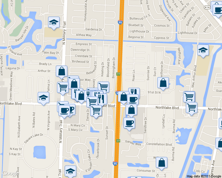 map of restaurants, bars, coffee shops, grocery stores, and more near 9141 Birmingham Drive in Palm Beach Gardens