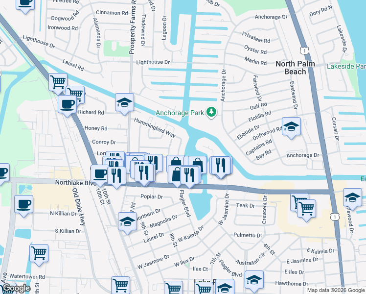 map of restaurants, bars, coffee shops, grocery stores, and more near 424 Northlake Court in North Palm Beach