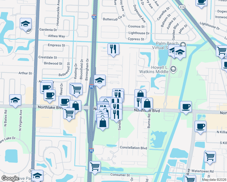 map of restaurants, bars, coffee shops, grocery stores, and more near 3847 Vancott Circle in West Palm Beach