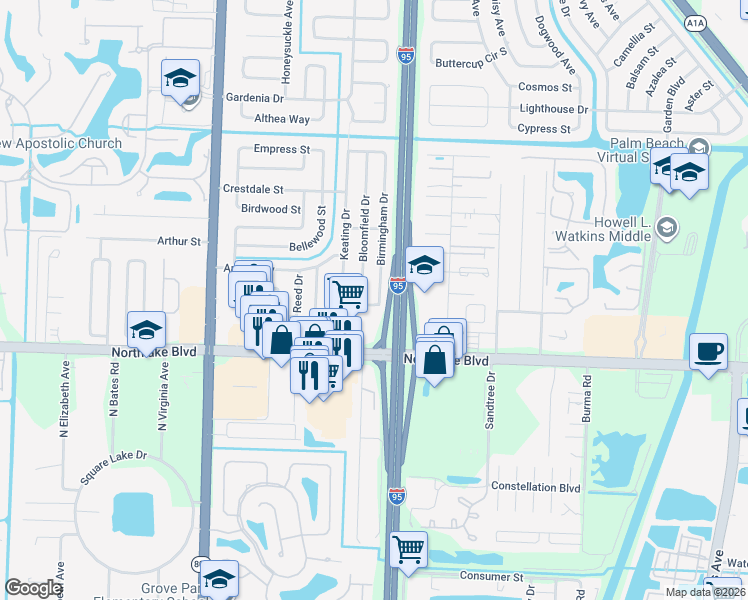 map of restaurants, bars, coffee shops, grocery stores, and more near 9141 Birmingham Drive in Palm Beach Gardens