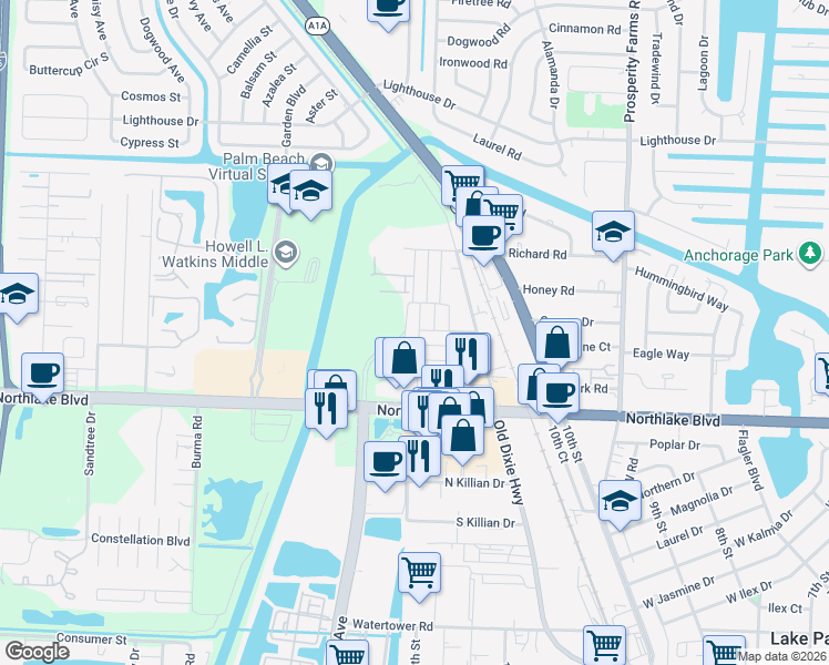 map of restaurants, bars, coffee shops, grocery stores, and more near 9175 Highpoint Drive in West Palm Beach