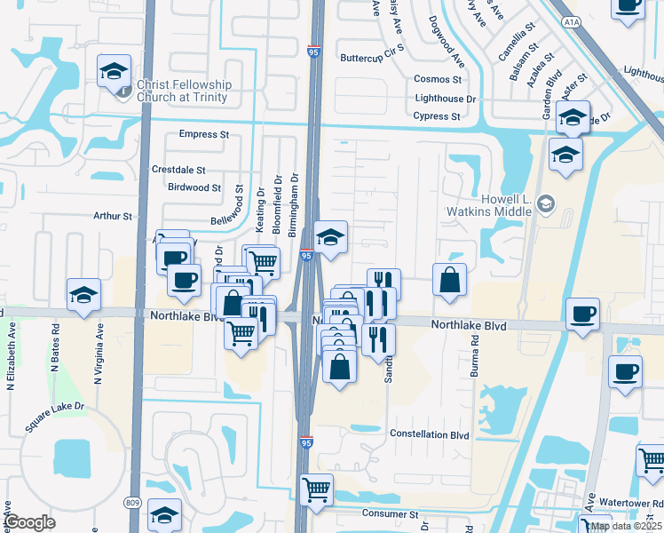 map of restaurants, bars, coffee shops, grocery stores, and more near 9153 Roan Lane in West Palm Beach