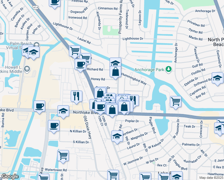 map of restaurants, bars, coffee shops, grocery stores, and more near 2552 Conroy Drive in Lake Park