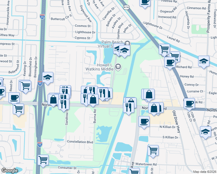 map of restaurants, bars, coffee shops, grocery stores, and more near 1403 Springdale Court in Palm Beach Gardens