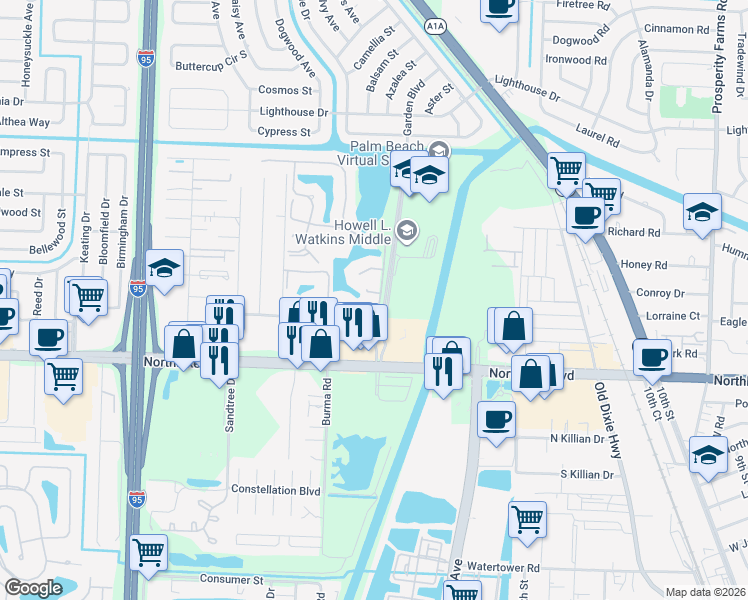 map of restaurants, bars, coffee shops, grocery stores, and more near 1403 Springdale Court in Palm Beach Gardens