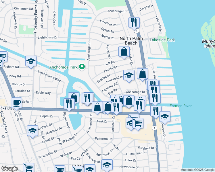 map of restaurants, bars, coffee shops, grocery stores, and more near 527 Captains Road in North Palm Beach