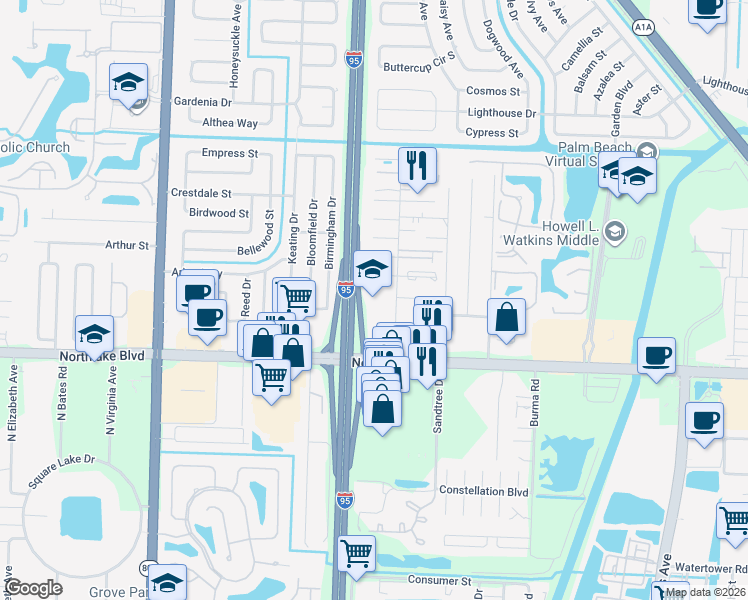 map of restaurants, bars, coffee shops, grocery stores, and more near 9153 Roan Lane in West Palm Beach