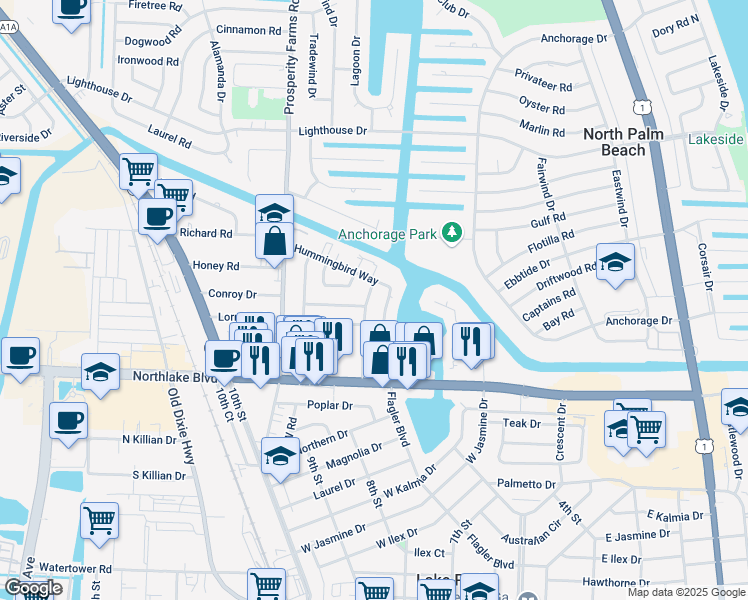 map of restaurants, bars, coffee shops, grocery stores, and more near 418 Northlake Drive in North Palm Beach