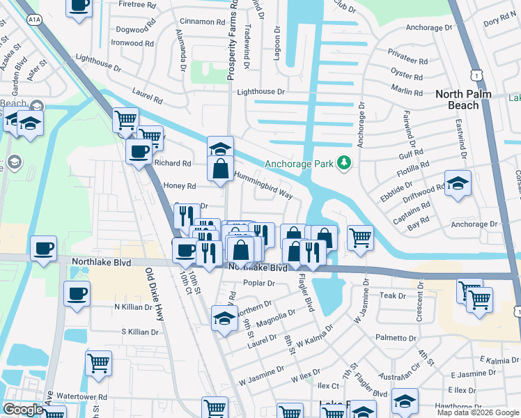 map of restaurants, bars, coffee shops, grocery stores, and more near 745 Flamingo Way in North Palm Beach