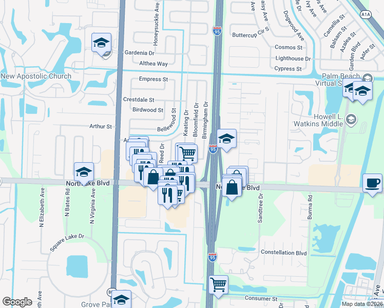 map of restaurants, bars, coffee shops, grocery stores, and more near 9155 Bloomfield Drive in Palm Beach Gardens