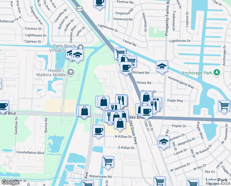 map of restaurants, bars, coffee shops, grocery stores, and more near 9175 Croton Lane in West Palm Beach
