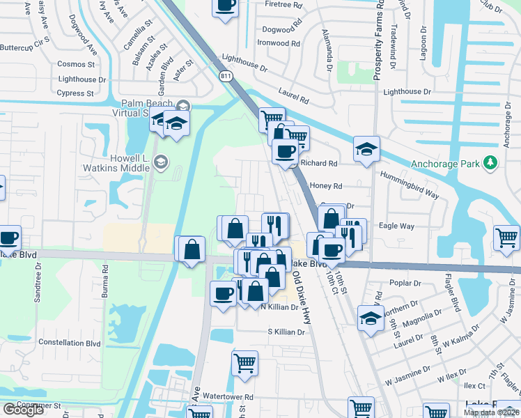 map of restaurants, bars, coffee shops, grocery stores, and more near 9175 Croton Lane in West Palm Beach