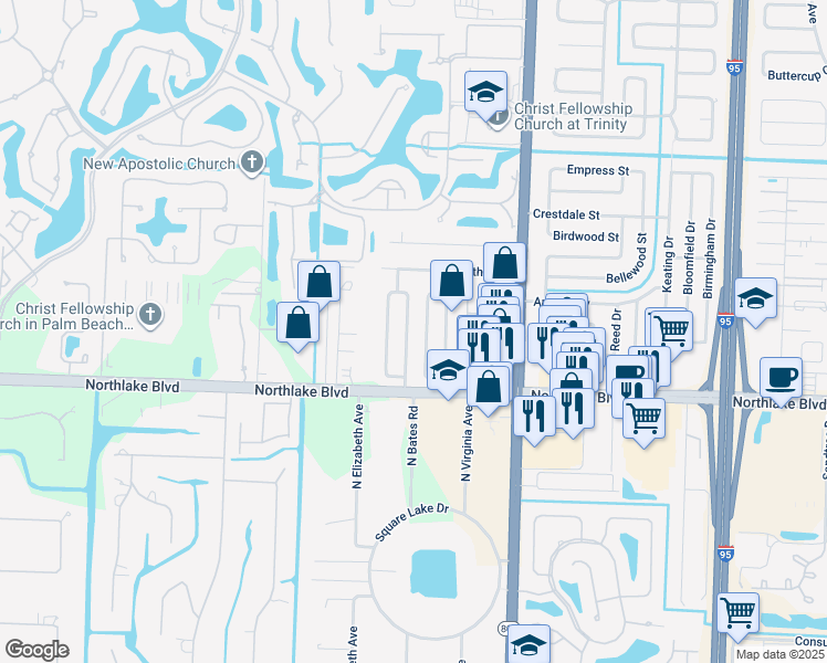 map of restaurants, bars, coffee shops, grocery stores, and more near 9130 East Highland Pines Boulevard in Palm Beach Gardens