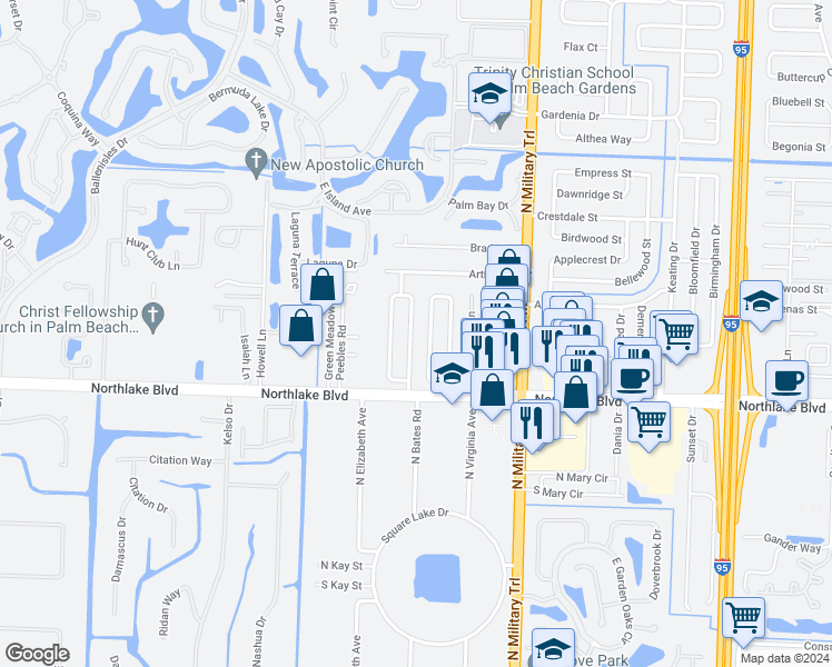 map of restaurants, bars, coffee shops, grocery stores, and more near 9130 East Highland Pines Boulevard in Palm Beach Gardens