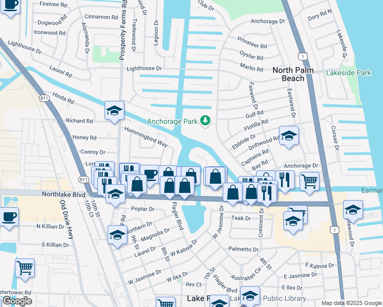 map of restaurants, bars, coffee shops, grocery stores, and more near 625 Southwind Circle in North Palm Beach