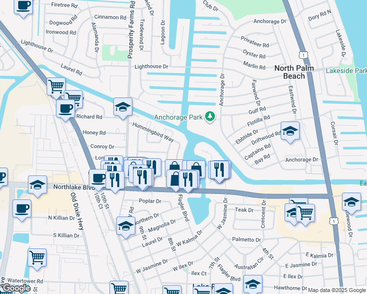 map of restaurants, bars, coffee shops, grocery stores, and more near 424 Northlake Court in North Palm Beach