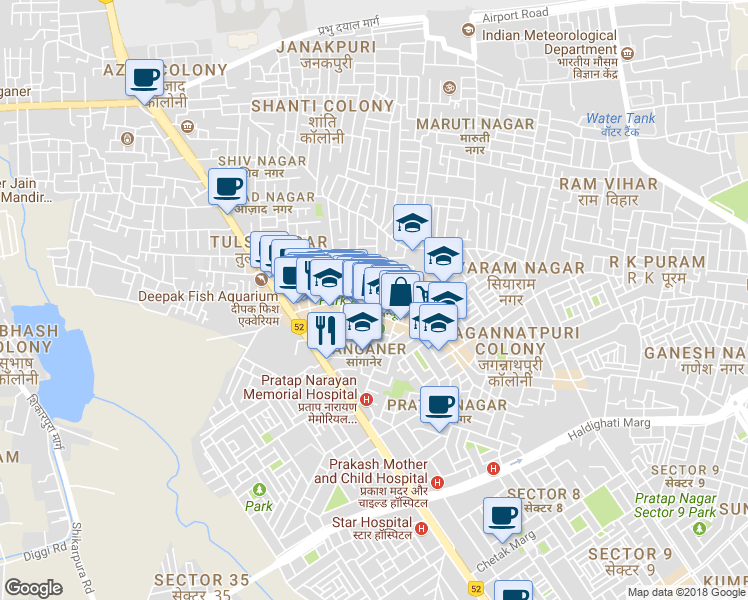 map of restaurants, bars, coffee shops, grocery stores, and more near pratap nagar Tonk Road in Jaipur
