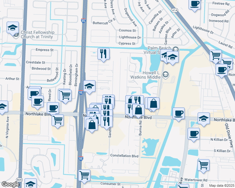 map of restaurants, bars, coffee shops, grocery stores, and more near 9160 Sun Court in West Palm Beach