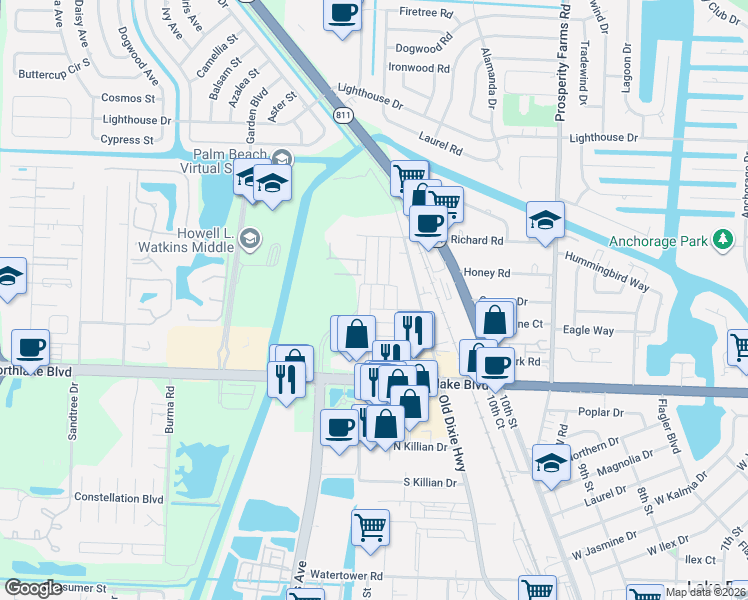 map of restaurants, bars, coffee shops, grocery stores, and more near 9175 Highpoint Drive in West Palm Beach