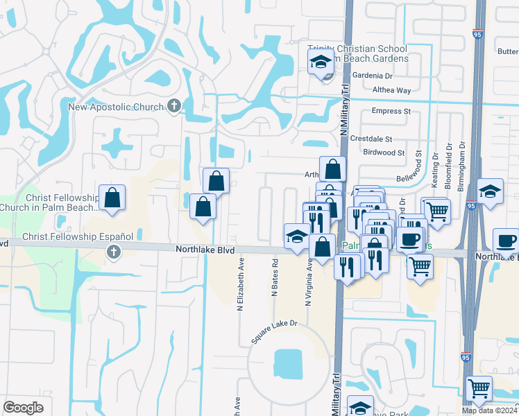 map of restaurants, bars, coffee shops, grocery stores, and more near 9127 West Highland Pines Boulevard in Palm Beach Gardens