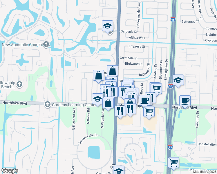 map of restaurants, bars, coffee shops, grocery stores, and more near 4510 Thornwood Circle in West Palm Beach