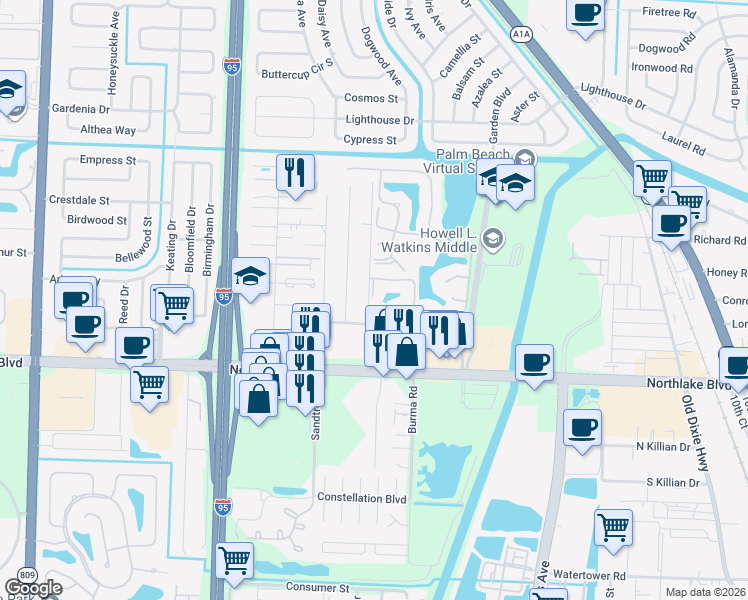 map of restaurants, bars, coffee shops, grocery stores, and more near 9229 Sun Terrace Circle in Palm Beach Gardens