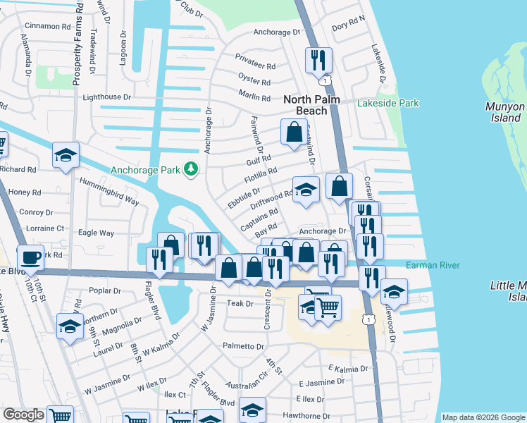 map of restaurants, bars, coffee shops, grocery stores, and more near 527 Captains Road in North Palm Beach