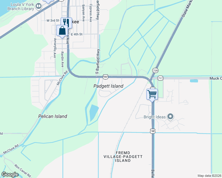map of restaurants, bars, coffee shops, grocery stores, and more near 899 Padgett Circle in Pahokee