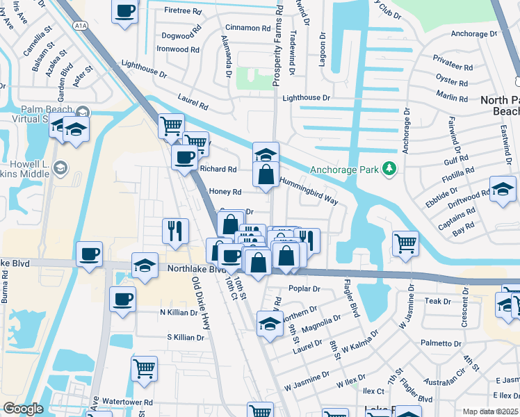 map of restaurants, bars, coffee shops, grocery stores, and more near 2552 Conroy Drive in North Palm Beach