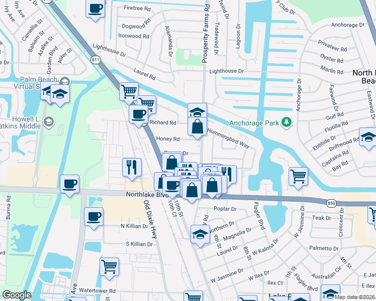 map of restaurants, bars, coffee shops, grocery stores, and more near 2552 Conroy Drive in North Palm Beach