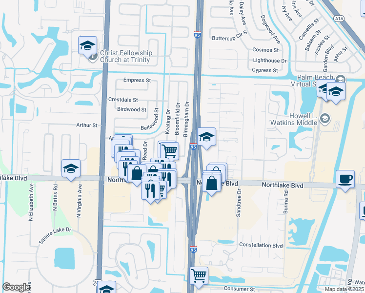 map of restaurants, bars, coffee shops, grocery stores, and more near 9179 Birmingham Drive in Palm Beach Gardens