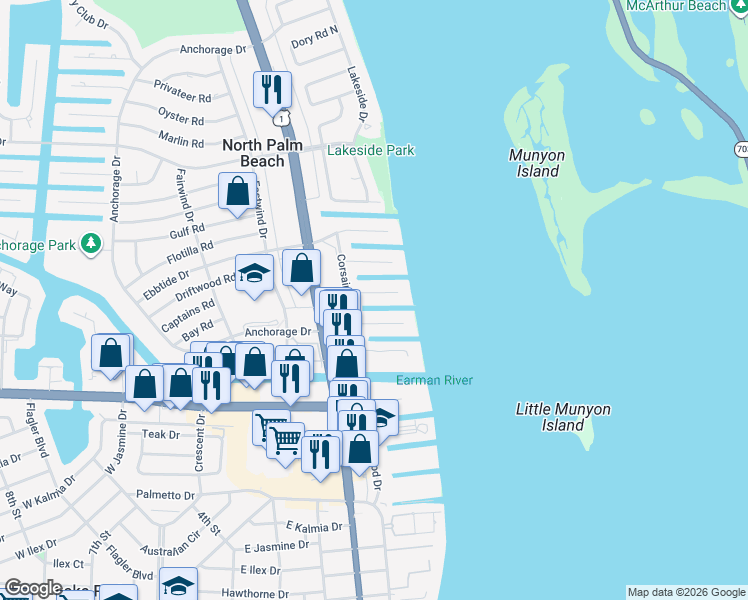 map of restaurants, bars, coffee shops, grocery stores, and more near 130 Bowsprit Drive in North Palm Beach