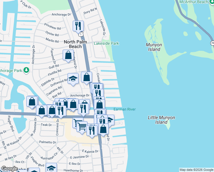 map of restaurants, bars, coffee shops, grocery stores, and more near 130 Bowsprit Drive in North Palm Beach