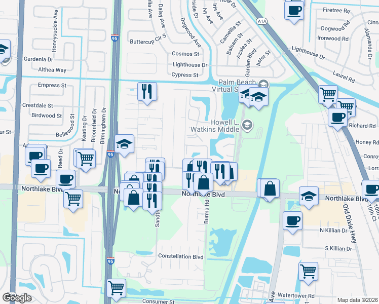 map of restaurants, bars, coffee shops, grocery stores, and more near 9221 Sun Terrace Circle in Palm Beach Gardens