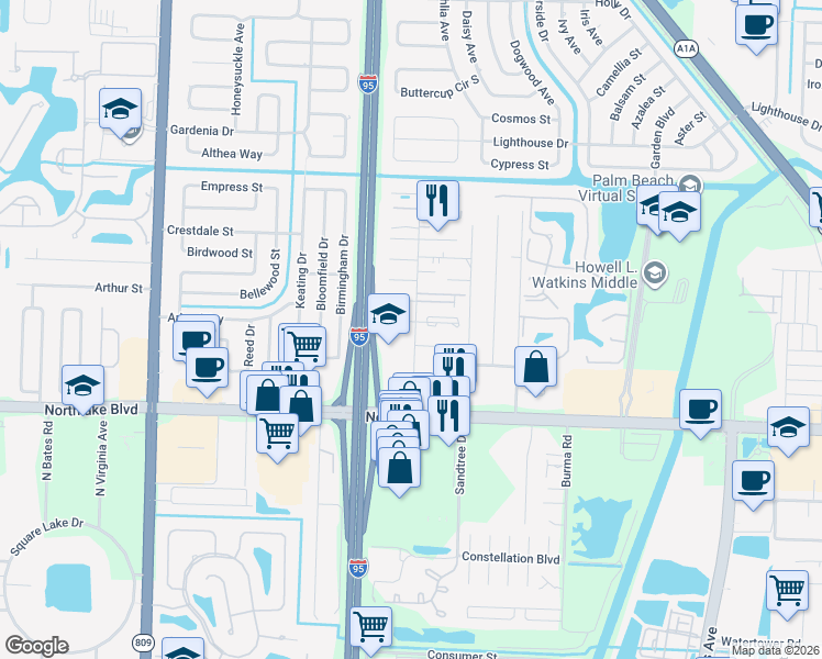 map of restaurants, bars, coffee shops, grocery stores, and more near 9153 Roan Lane in Palm Beach Gardens