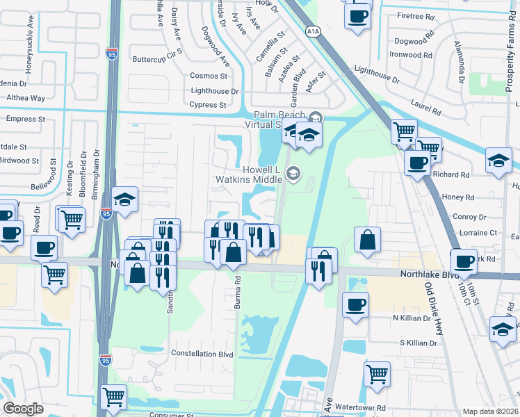 map of restaurants, bars, coffee shops, grocery stores, and more near 1904 Appleton Court in Palm Beach Gardens